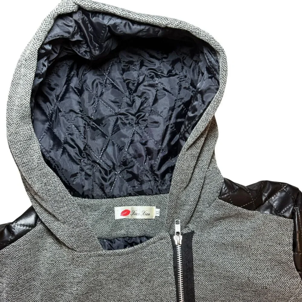 Xian‎ Xian Lined Jacket Coat Black Grey Leather Outercoat Women Size XL NWOT